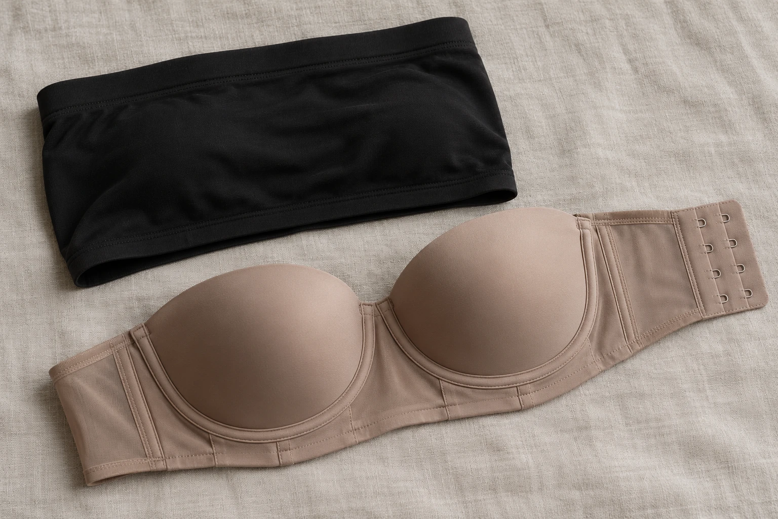 Czarne miękkie bandeau obok beżowego biustonosza z formowanymi miseczkami, szerokim pasem i zapięciem